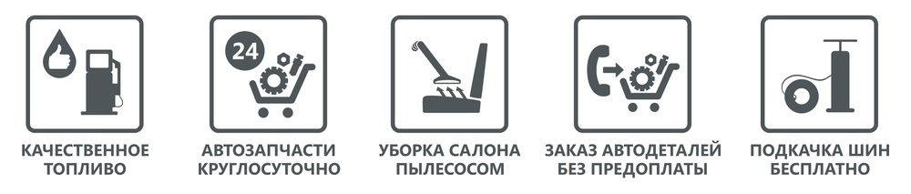 Для визуализации услуг отрисованы иконки: качественное топливо, автозапчасти круглосуточно, уборка салона пылесосом, заказ автозапчастей без предоплаты, подкачка шин бесплатно.