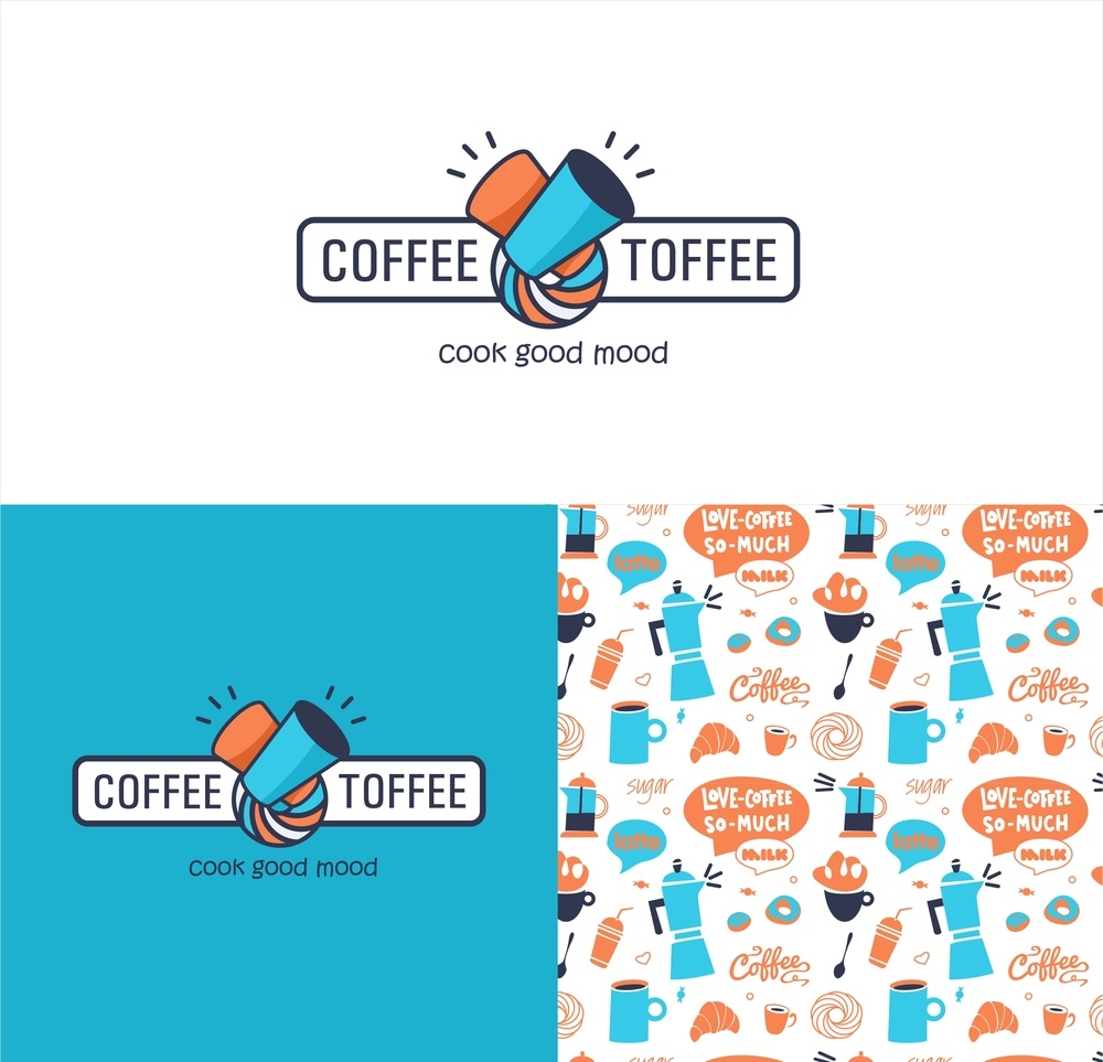 Логотип coffee toffee. Цветовая гамма- яркие, контрастные оттенки синего и оранжевого. ЛОго можно использовать на белом и синем фоне.